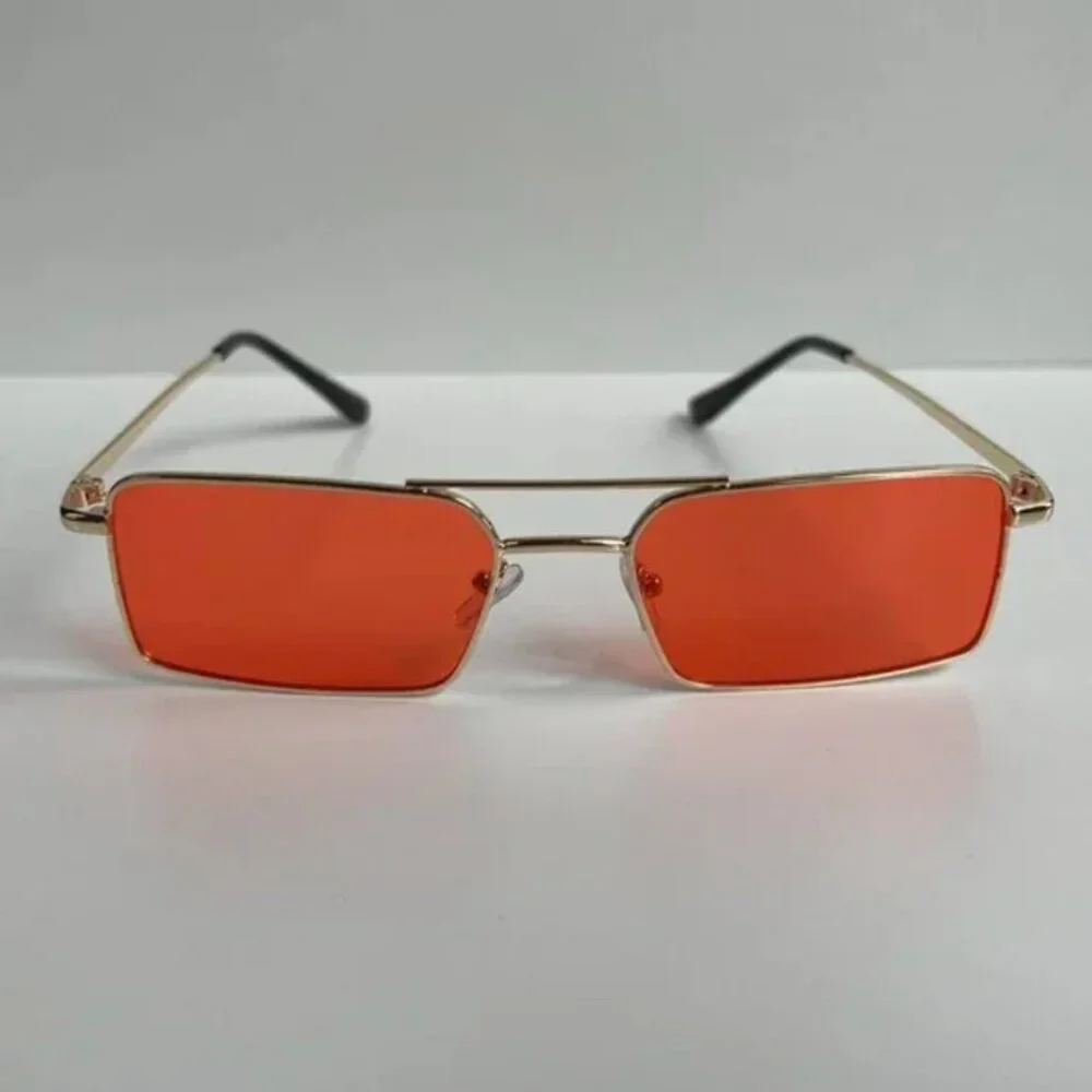 vintage y2k 90s 2000s unique slim gold trim red lens sunglasses